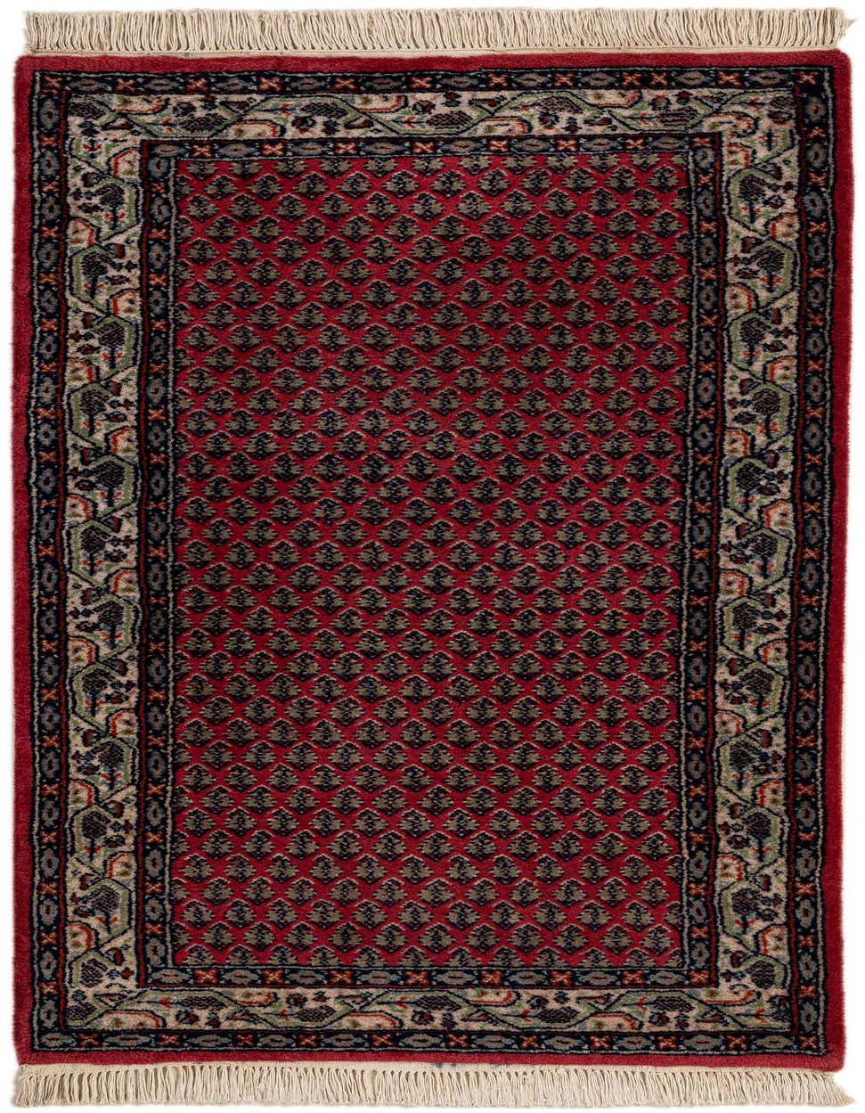 A 3x5 rectangular Mir Collection wool rug in traditional Oriental style, featuring a red field with intricate pink and black patterns, bordered by a detailed floral design and finished with fringe.