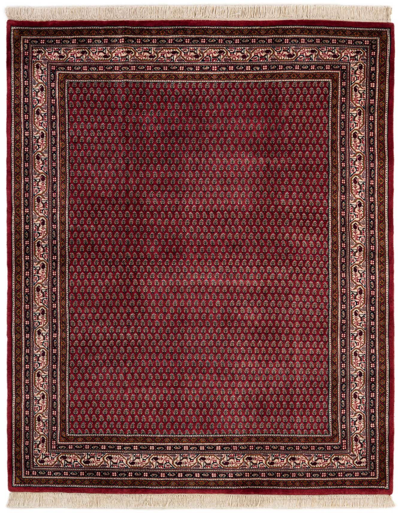 A 5x8 rectangular Mir collection rug in shades of pink and red, featuring a traditional Oriental pattern with a detailed border.