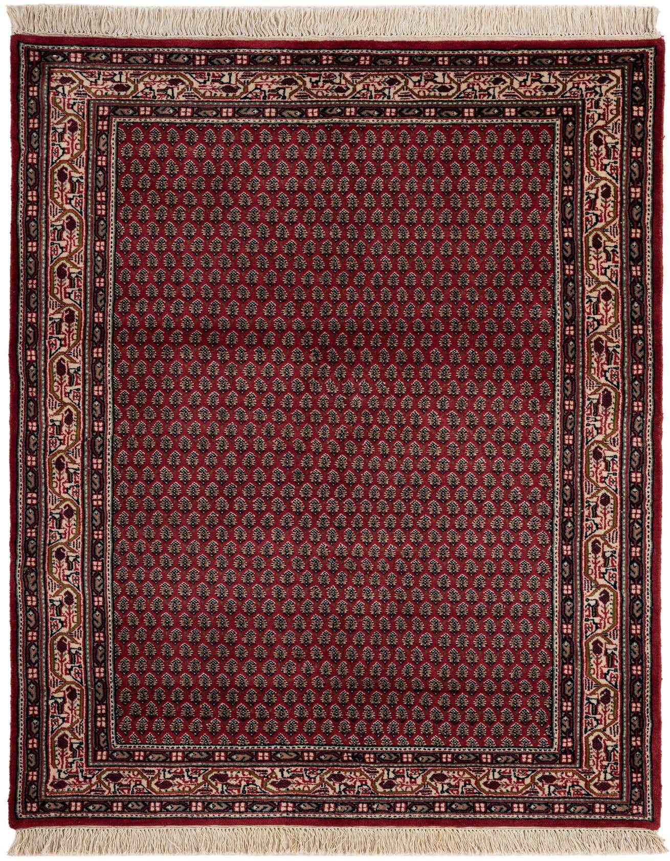 A 4x6 rectangular Mir rug featuring a traditional Oriental pattern in shades of red and pink with a detailed border and fringe.