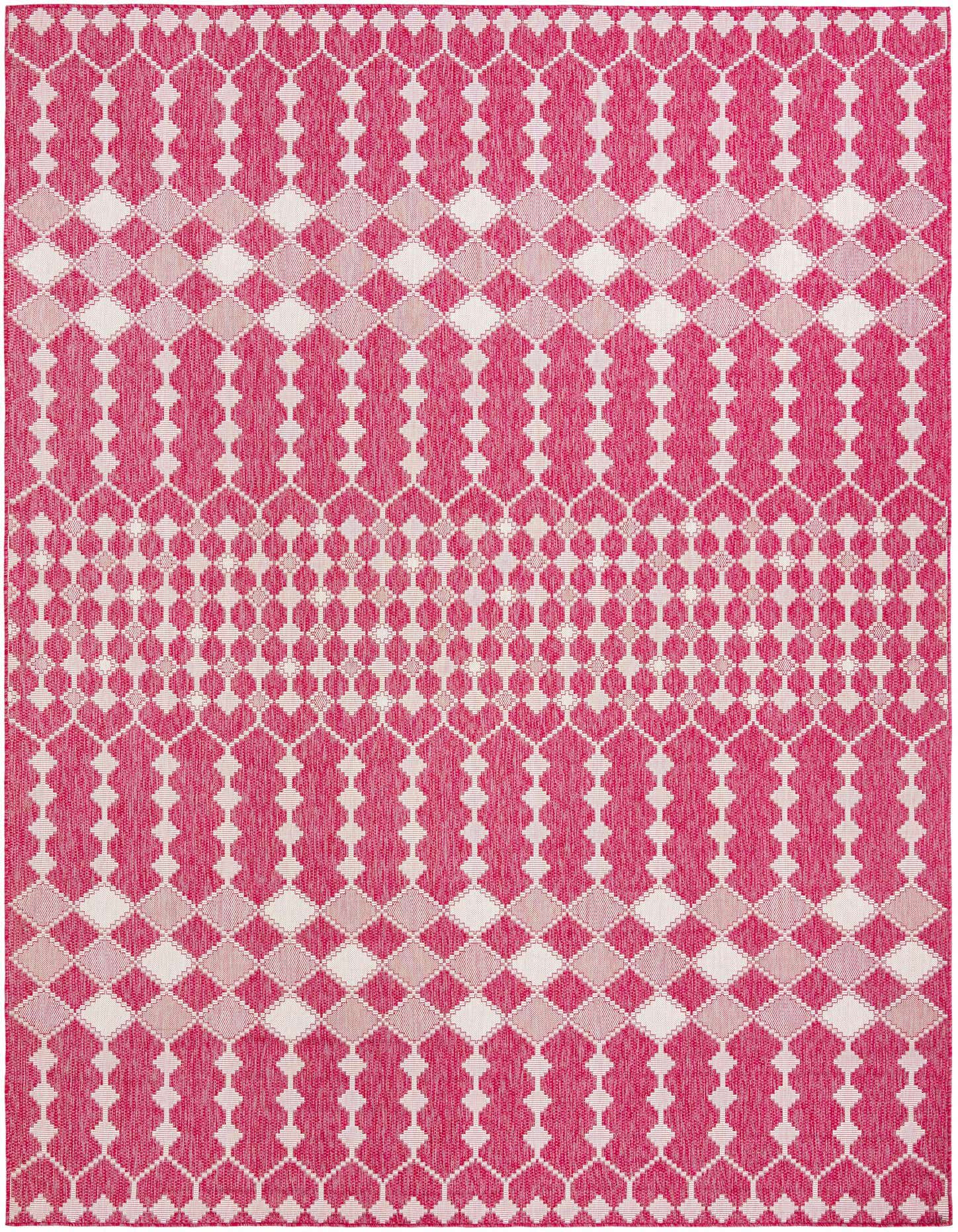 A 10x14 rectangular Rugs.com Outdoor Lattice rug featuring a vibrant pink and red tribal trellis pattern, ideal for a patio.