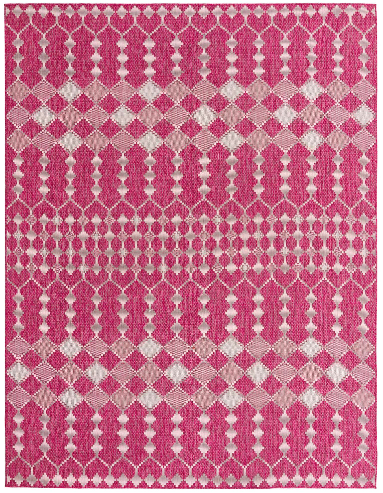 A 9x12 rectangular Rugs.com Outdoor Lattice rug in vibrant pinks and reds with a modern tribal trellis pattern.