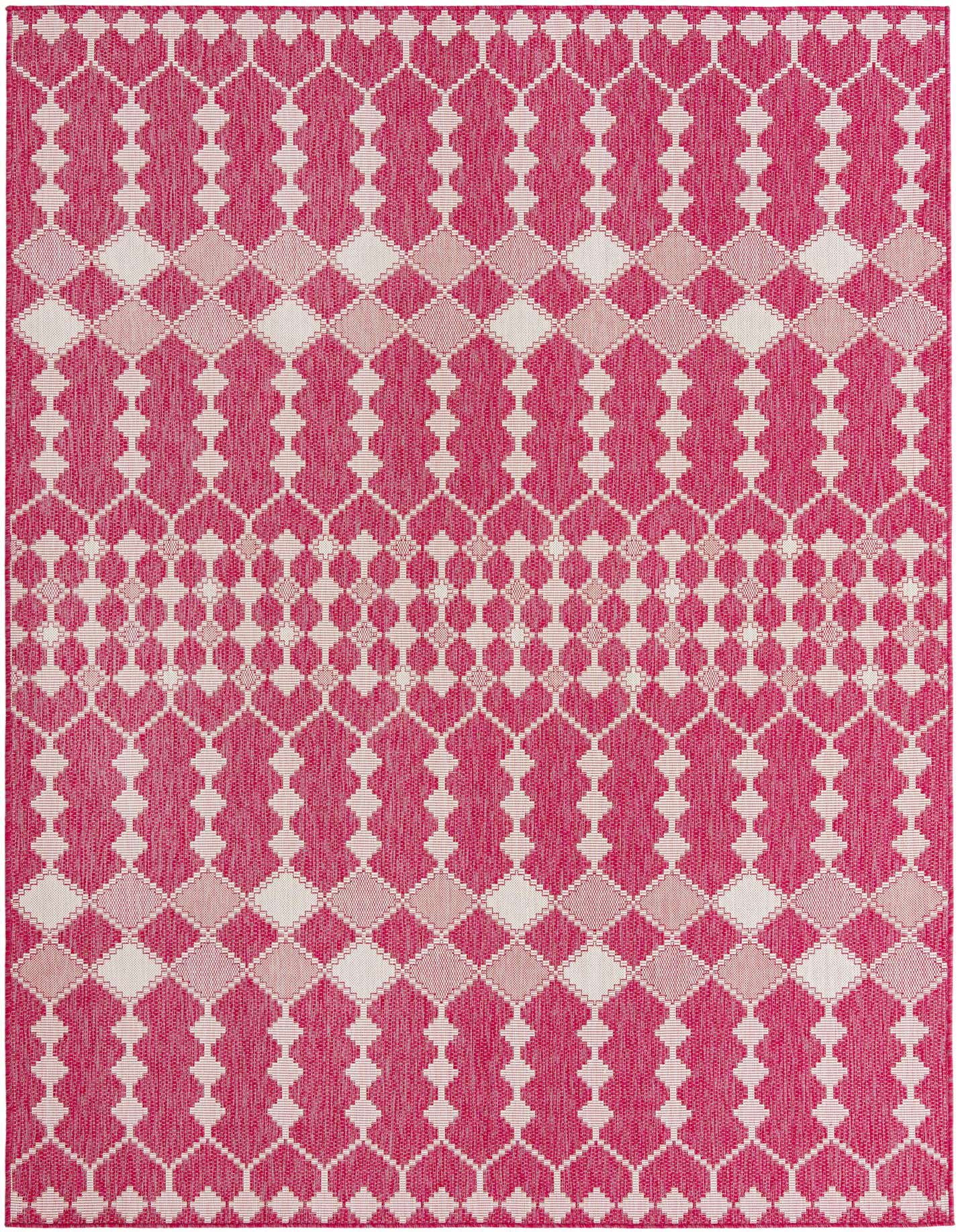 An 8x11 rectangular indoor/outdoor rug featuring a pink and off-white trellis pattern, ideal for a patio or living room.