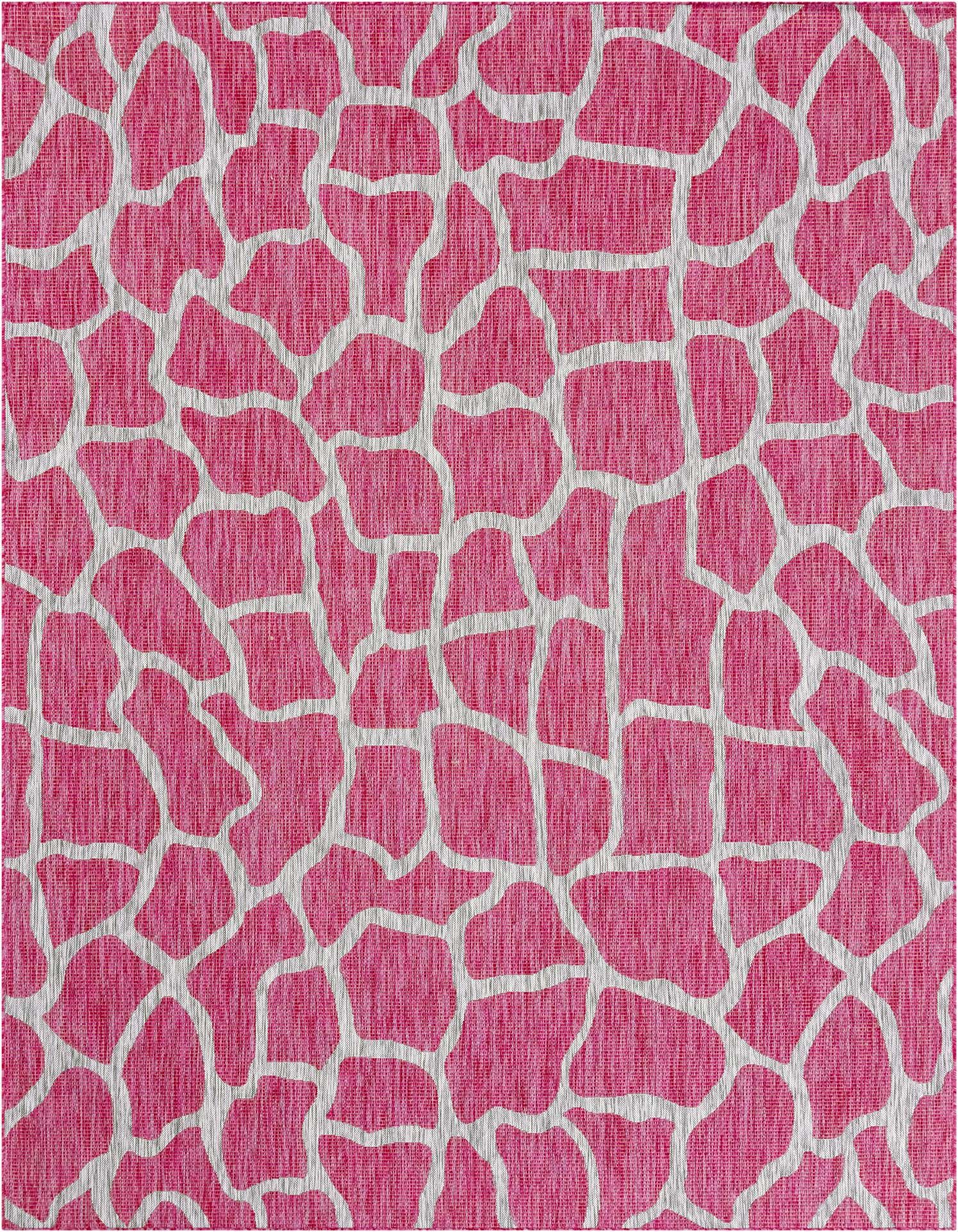 A 9x12 rectangular pink and white rug with an abstract, organic giraffe-like pattern, suitable for indoor or outdoor use.