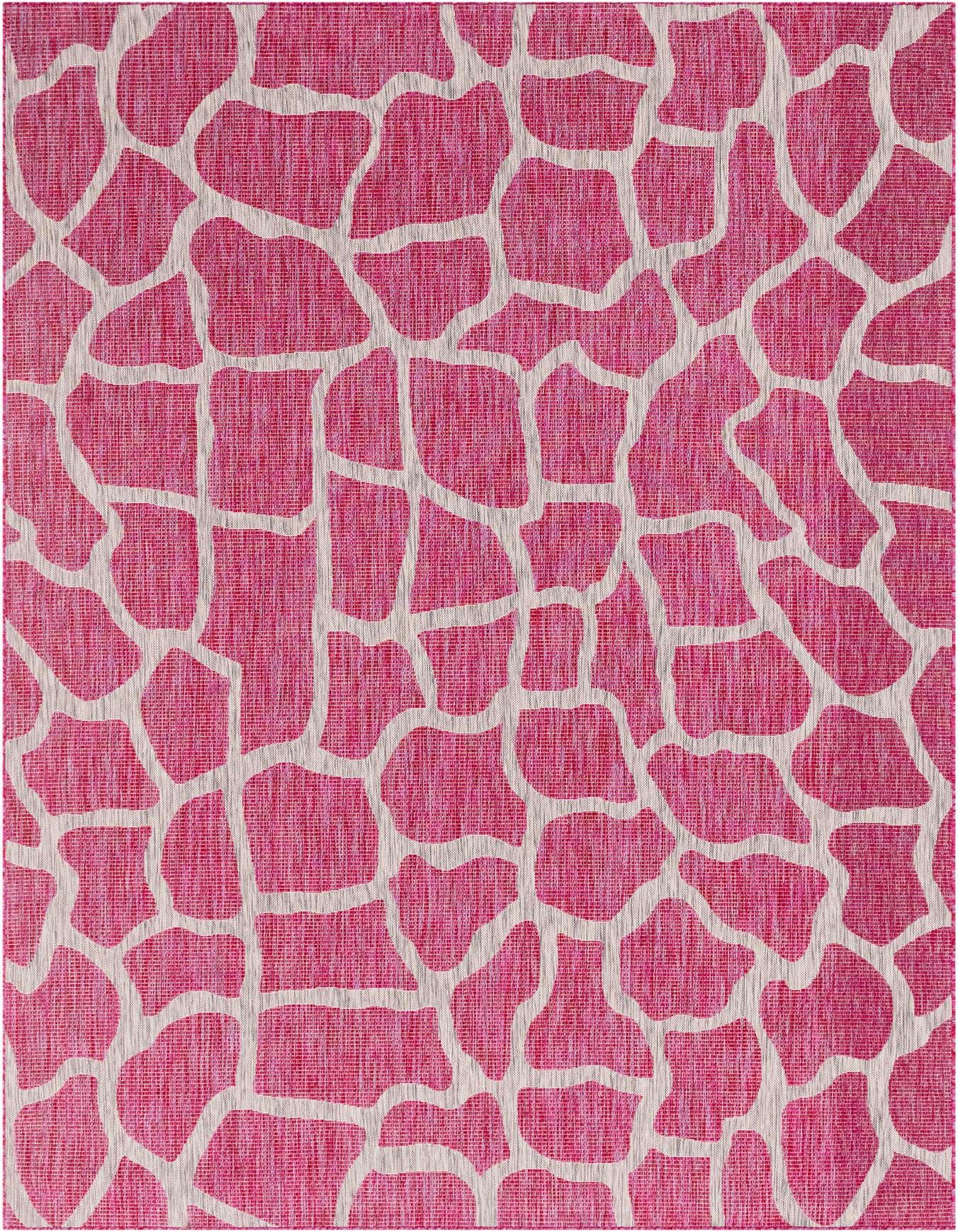 A 6x9 rectangular pink and white rug with an eclectic, modern giraffe-like pattern, suitable for indoor/outdoor use.