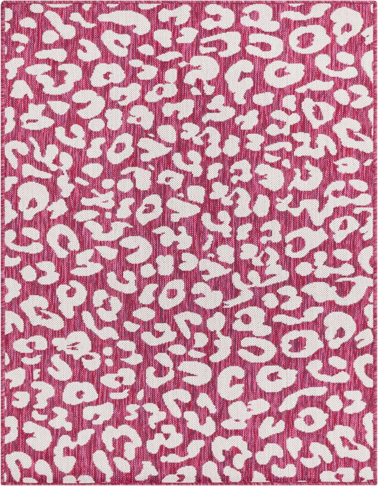 A 3x5 rectangular indoor/outdoor rug featuring a modern pink and red leopard print pattern with white spots.
