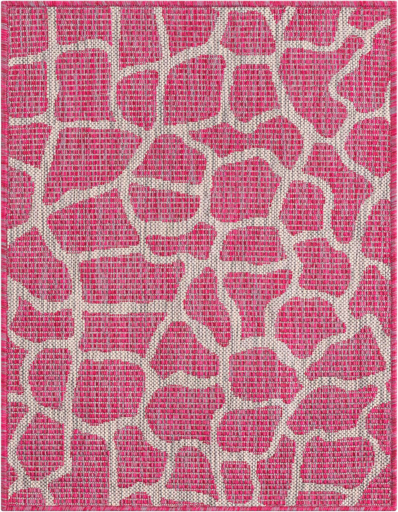 A 2x3 rectangular pink and off-white modern rug with an abstract, organic pattern, suitable for indoor or outdoor spaces.