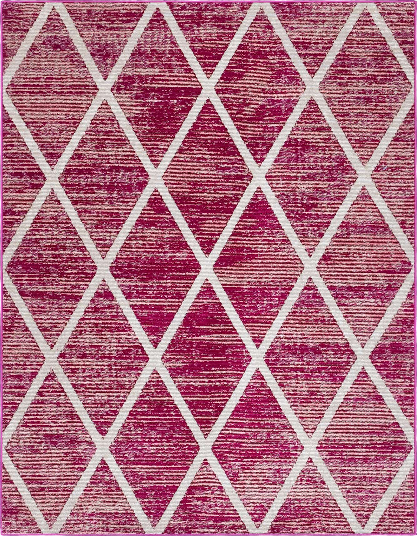 A 5x8 rectangular pink and white transitional area rug with a modern diamond pattern, suitable for a living room or office.