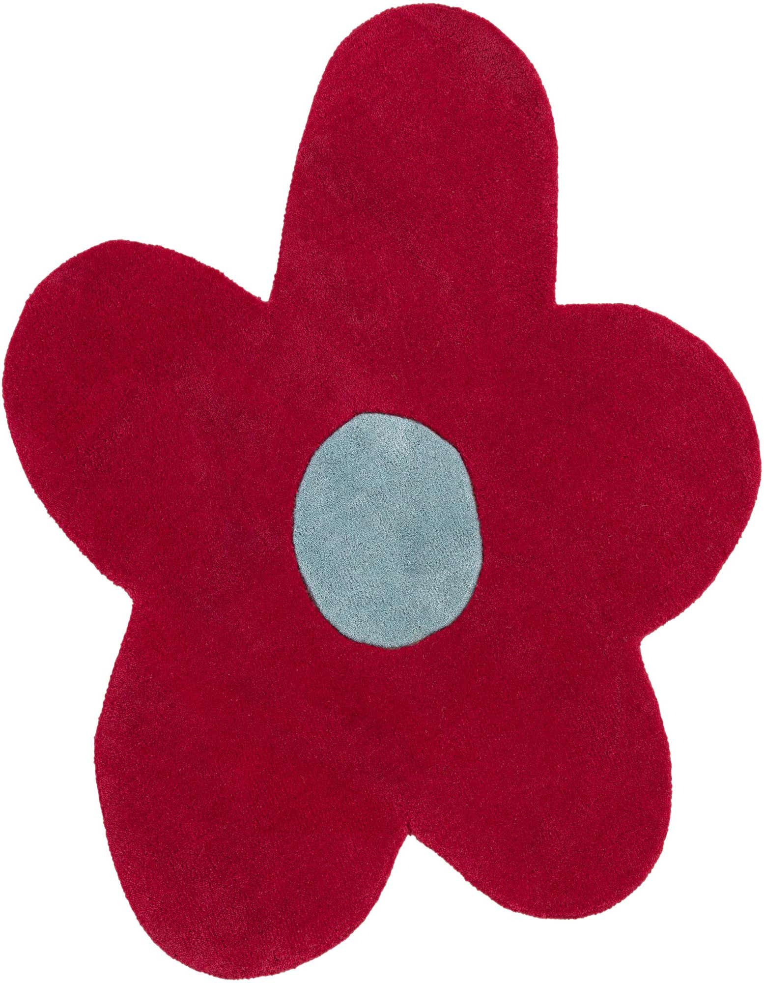 A vibrant red floral-shaped rug with a light blue circular center, featuring a high, soft pile.