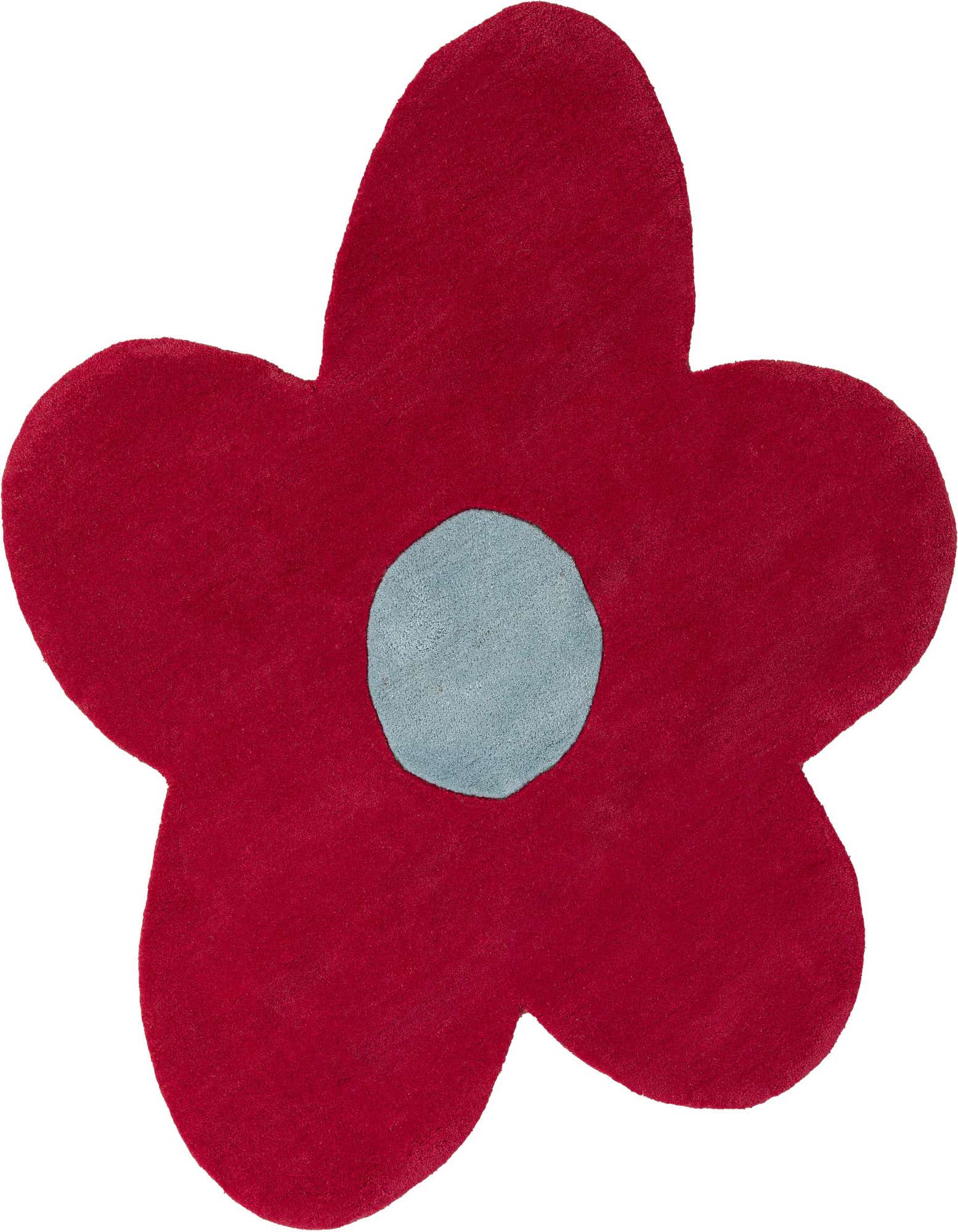 A vibrant red flower-shaped rug with a light blue circular center, featuring a high pile texture.
