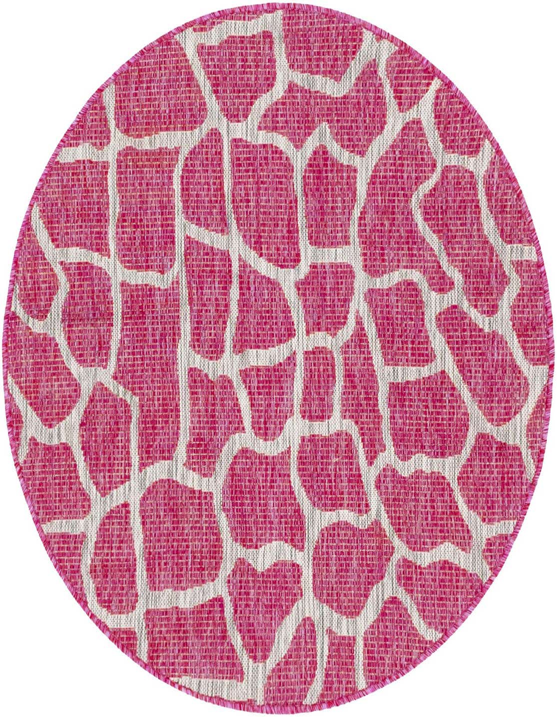 A 4' round pink and white abstract patterned rug, suitable for indoor or outdoor spaces like a patio.