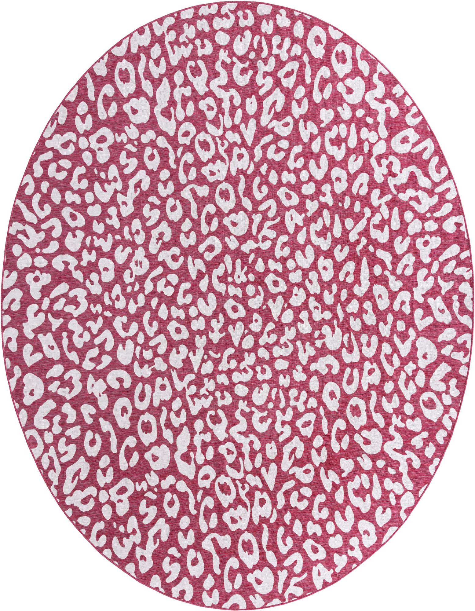 A 13' round pink and white modern leopard print rug, suitable for indoor or outdoor use on a patio.