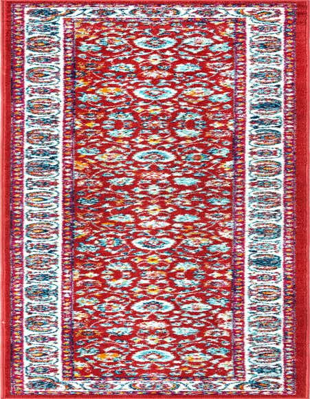A 12 ft runner rug in a traditional botanical pattern, featuring a vibrant red and pink background with light blue, orange, and white floral motifs and a detailed border.