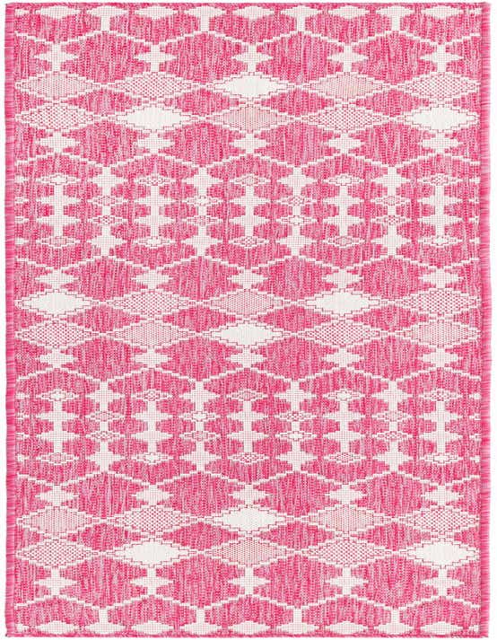 A vibrant pink and white 8 ft runner rug with a modern trellis pattern, suitable for indoor or outdoor use.