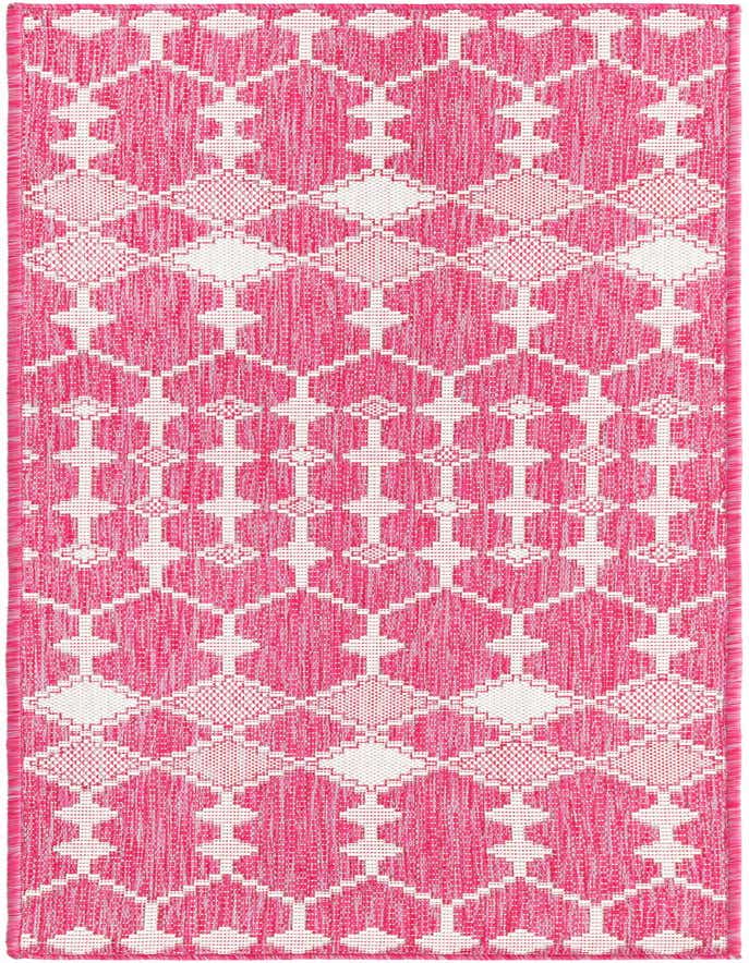 A vibrant pink and white 6 ft runner rug with a modern trellis pattern, suitable for indoor or outdoor use.
