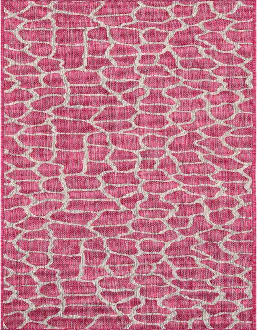 A 10 ft runner rug from the Outdoor Safari collection, featuring a modern giraffe print in vibrant pink and white.