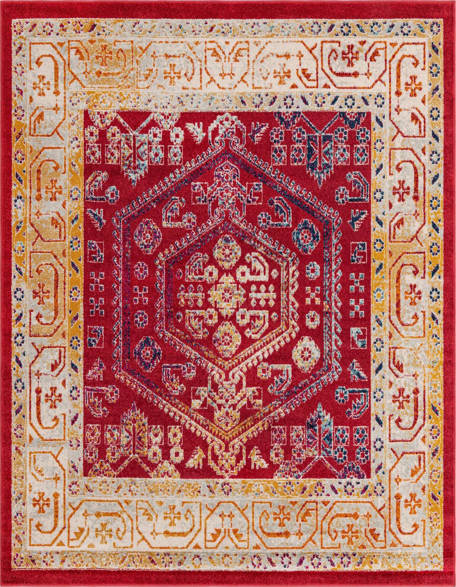 A 7' 10 x 7' 10 square pink and red traditional area rug with a central medallion and tribal patterns.