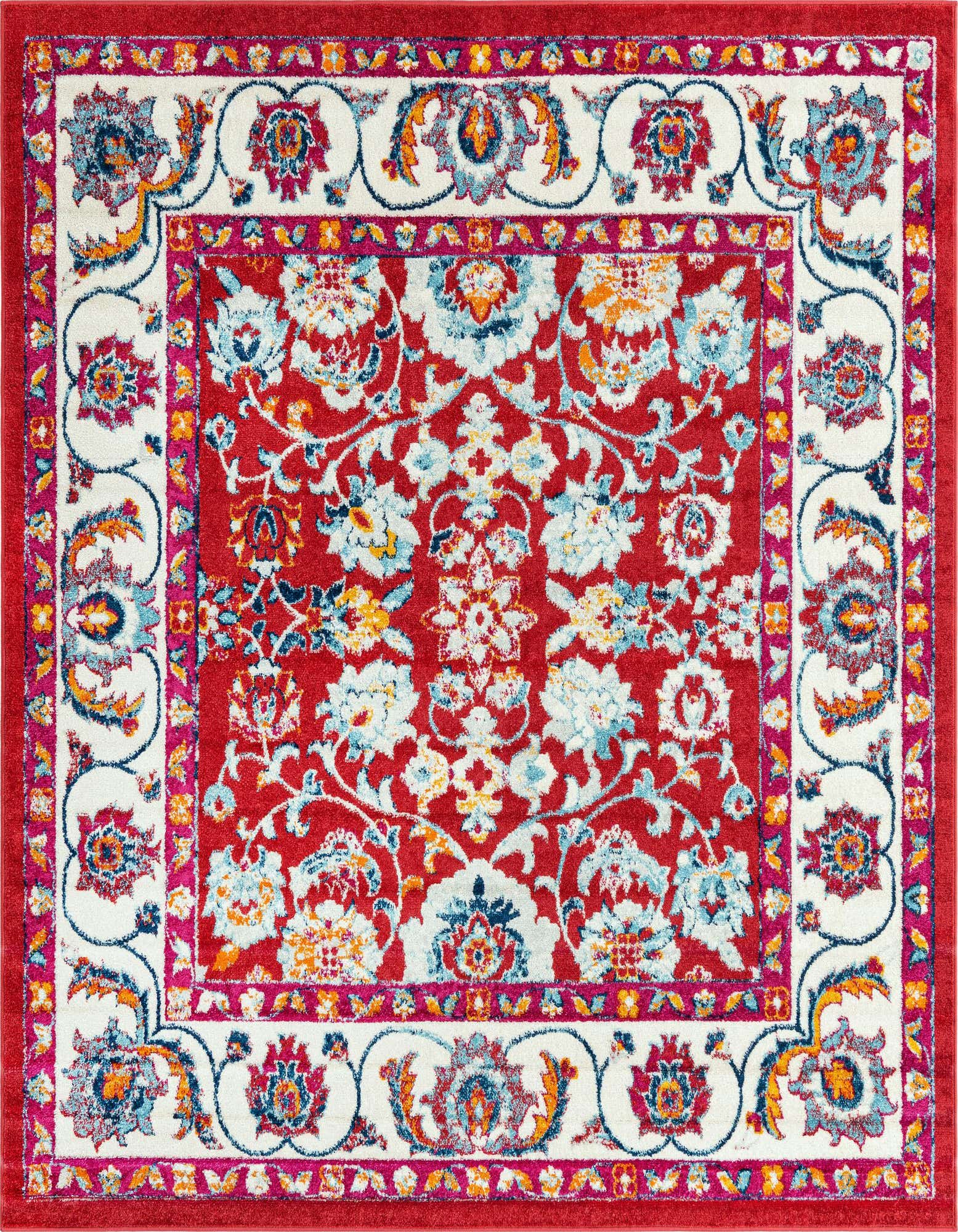 A 7' 10 x 7' 10 square pink and red traditional botanical rug with a detailed floral pattern and cream border.