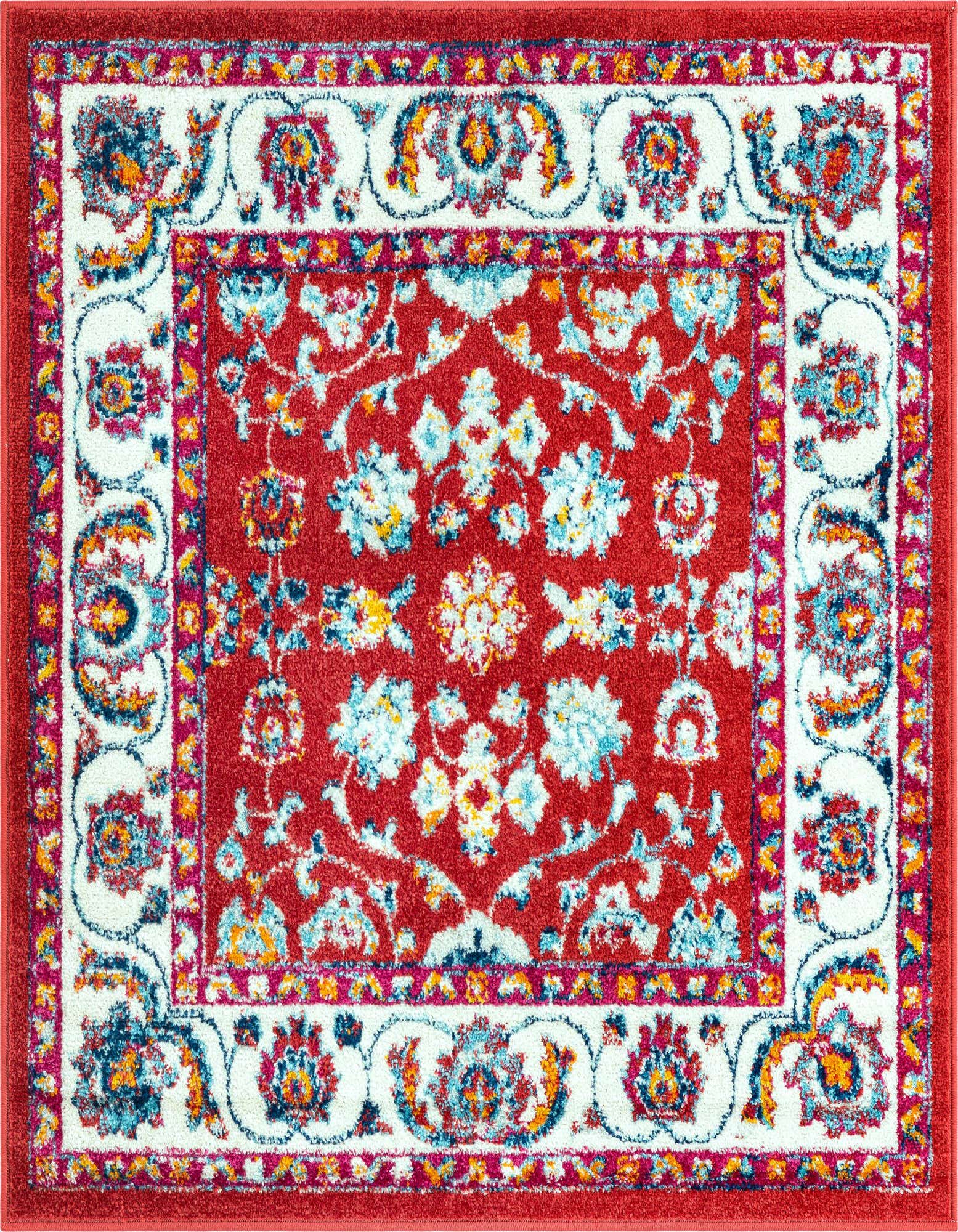A 4'x4' square Rugs.com Aurelia rug featuring a vibrant red field with intricate light blue, orange, and pink floral patterns, bordered by a white band with similar botanical motifs.