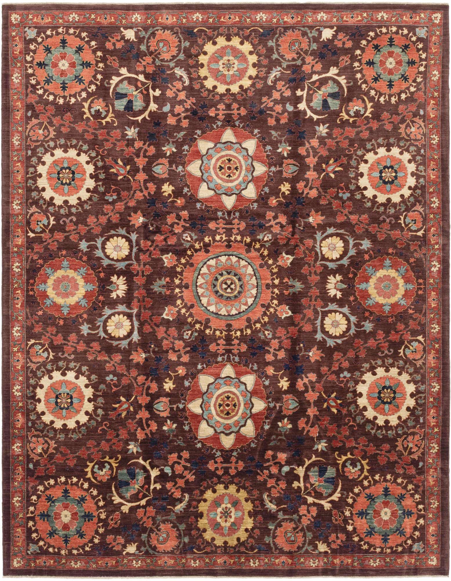 An 8x10 rectangular Ariana Ziegler rug featuring a rich red background with intricate traditional floral and medallion patterns in blue, cream, and orange.