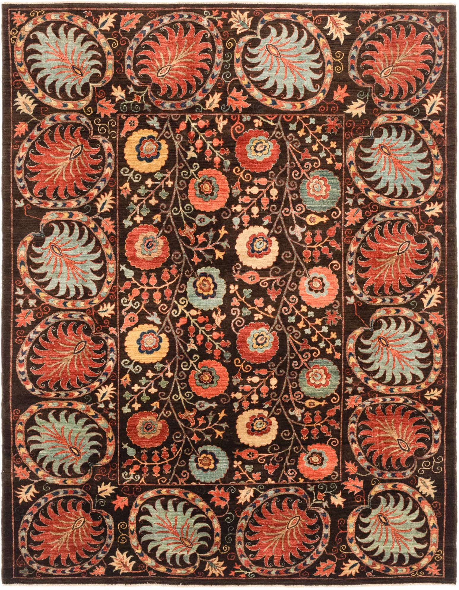 A 6x9 rectangular Ariana Ziegler rug featuring a dark brown field with a vibrant traditional floral and tribal pattern in reds, blues, and golds.