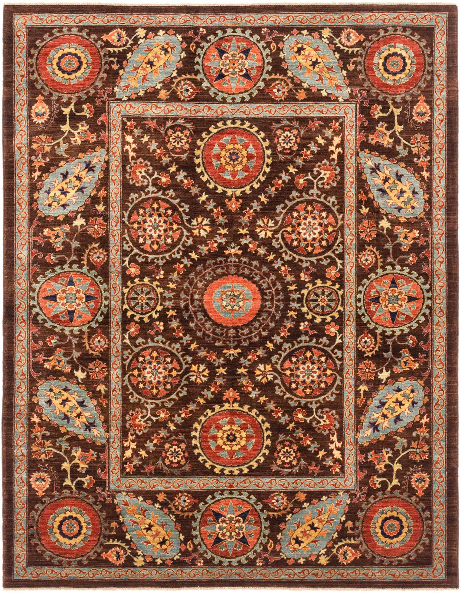 A 6x9 rectangular Ariana Ziegler rug featuring a rich red and brown traditional tribal pattern with intricate floral medallions and paisley motifs.