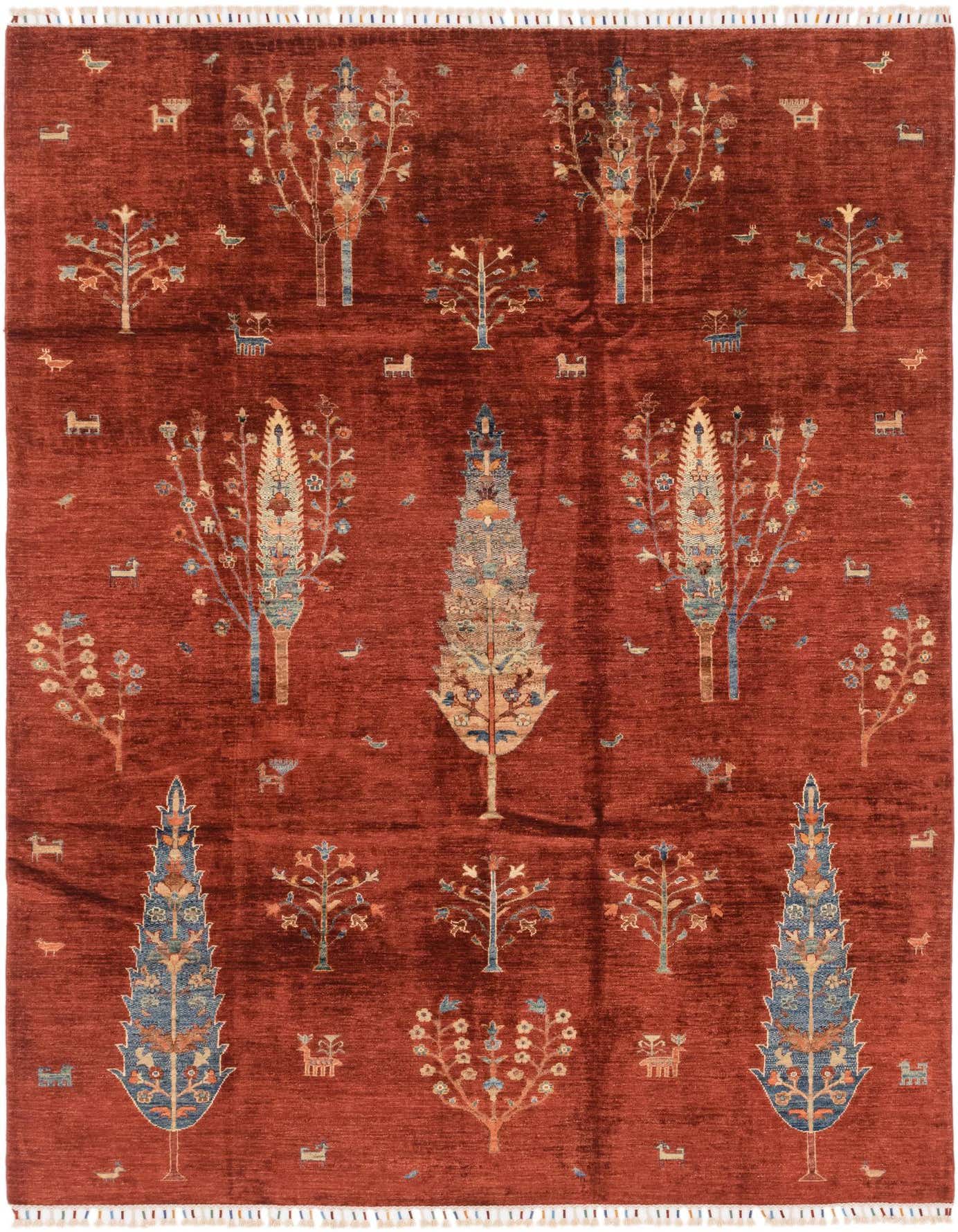 A 7x10 rectangular Ariana Ziegler rug in deep red, featuring an intricate Tree of Life pattern with blue and beige accents.