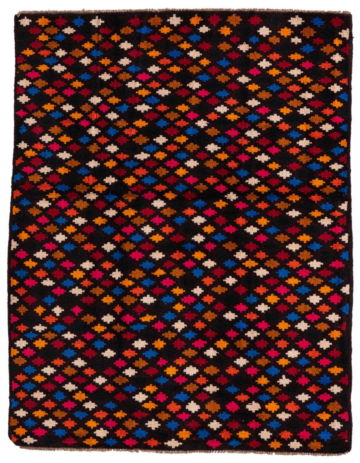 A 4x6 rectangular Balouch rug with a black background and a vibrant, repeating tribal pattern of small, colorful diamond shapes in red, blue, orange, pink, and cream.