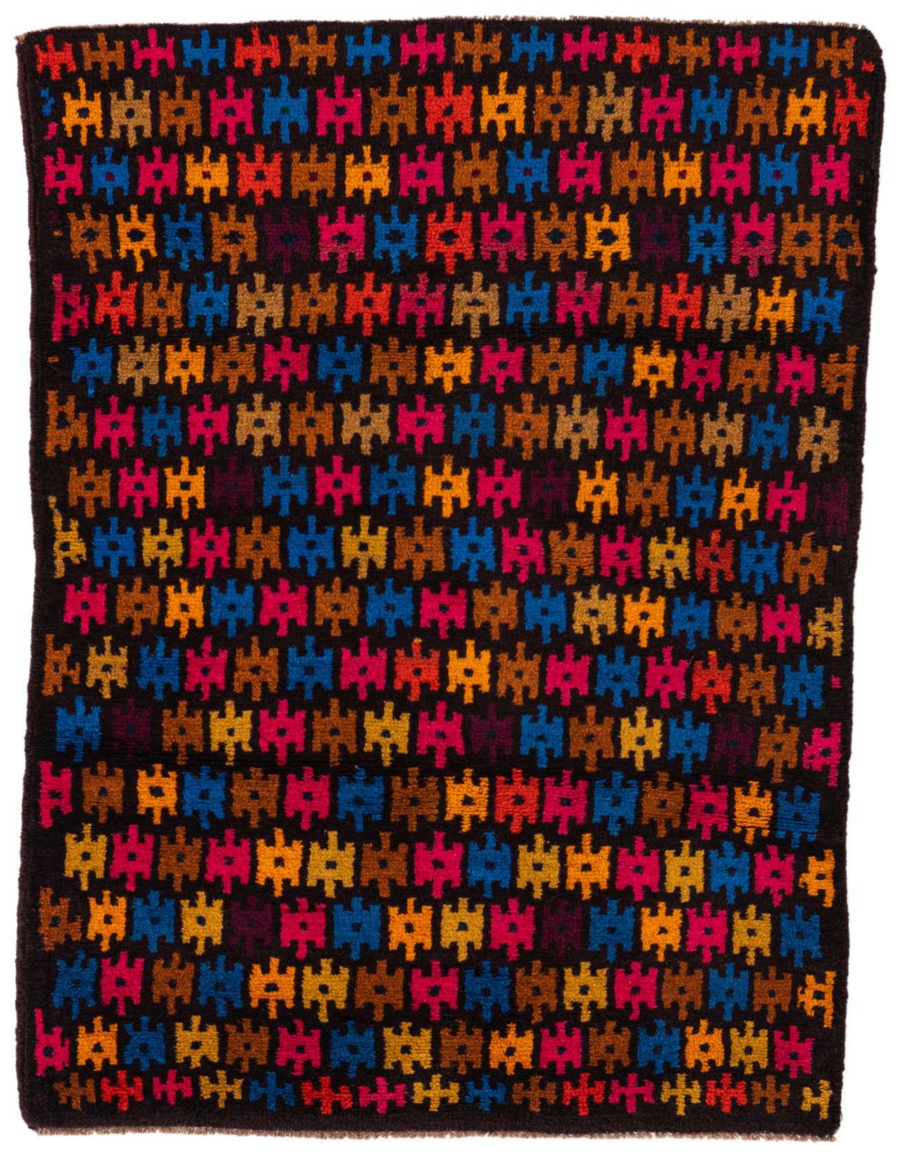 A 3x5 rectangular Balouch rug with a dark brown background and a vibrant tribal pattern in red, orange, blue, and pink.
