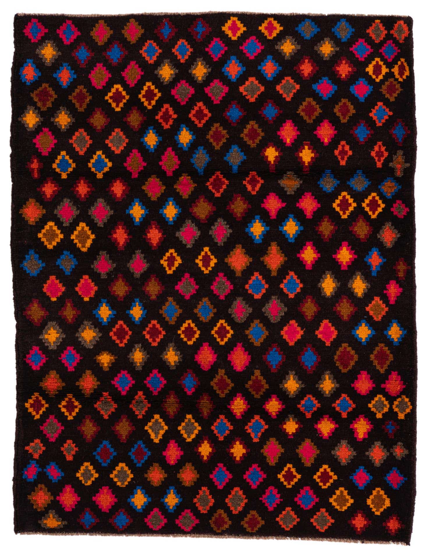 A 3x4 rectangular Balouch rug with a dark brown background patterned with colorful diamond shapes in red, orange, blue, and pink.