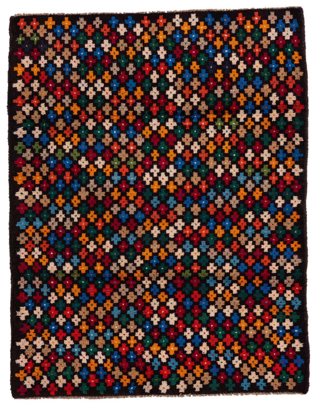 A 3x4 rectangular Balouch wool rug featuring a traditional tribal pattern of colorful crosses on a black background.