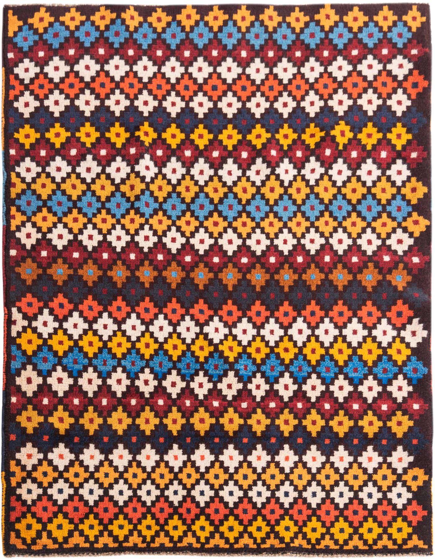 A 3x5 rectangular Balouch rug with a traditional tribal pattern in reds, blues, yellows, and oranges on a dark background.