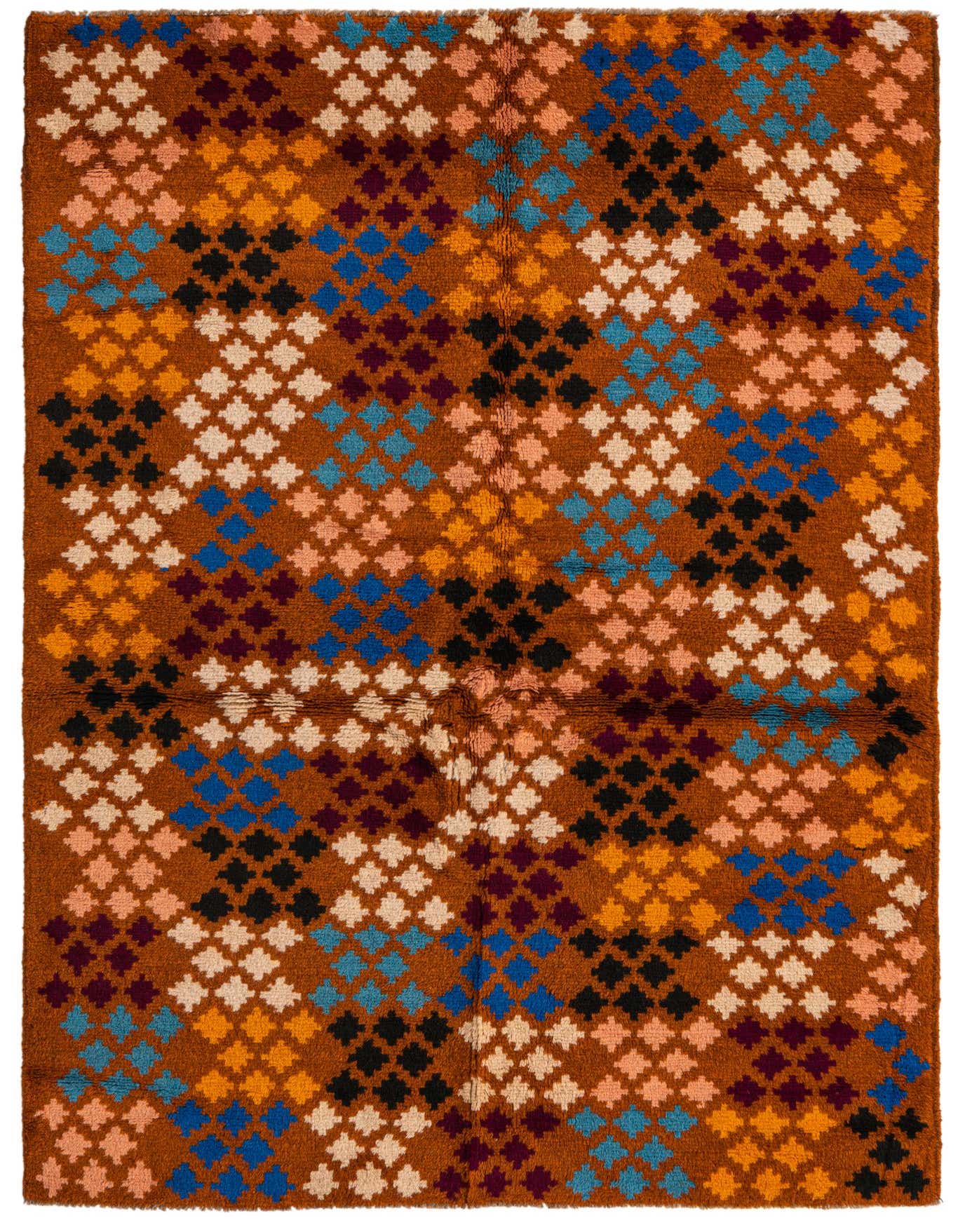 A 3x5 rectangular Balouch rug with a tribal abstract pattern in shades of red, blue, orange, black, and cream.