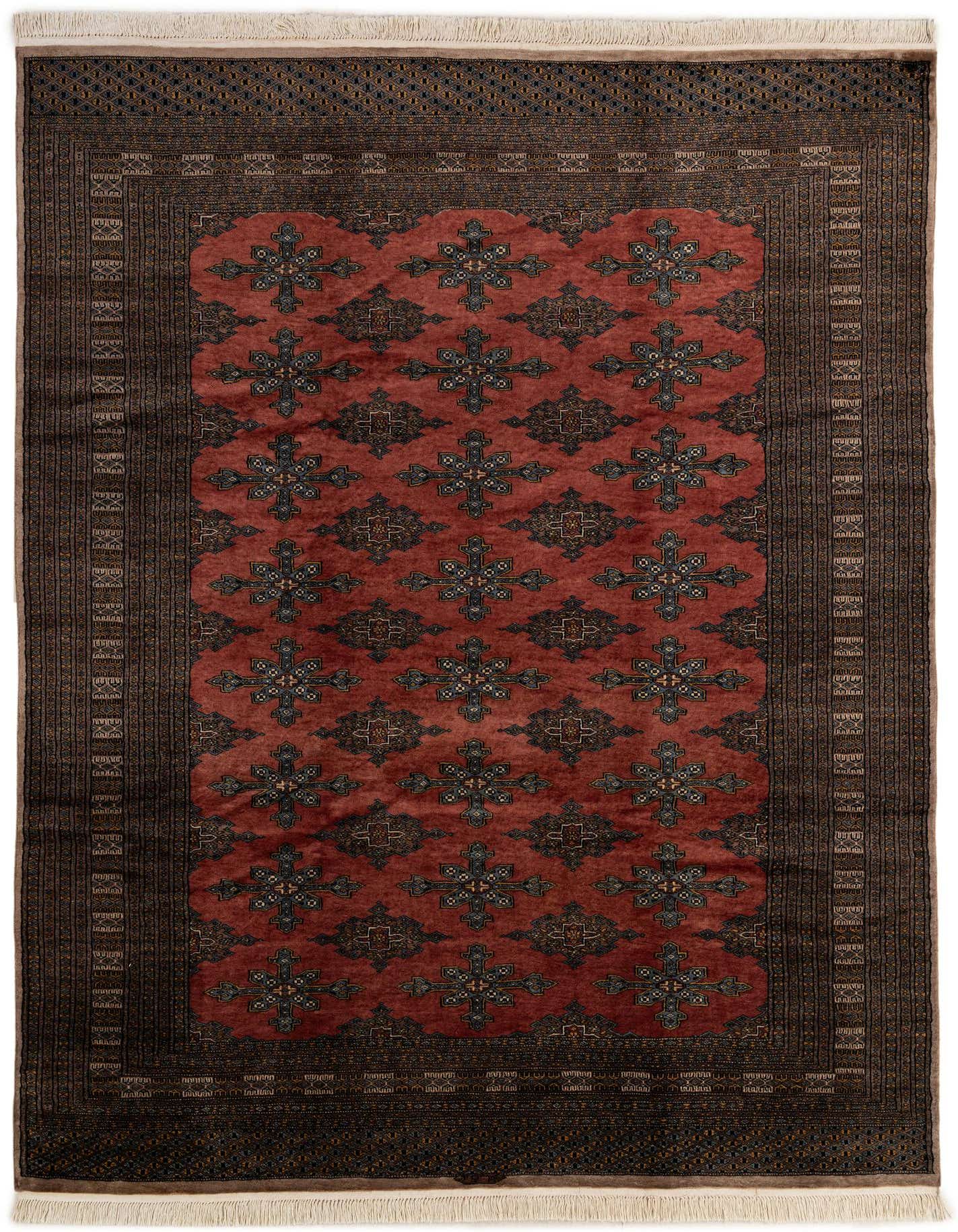 A 7x10 rectangular Bokhara rug featuring a rich red field with repeating black and blue tribal motifs, framed by a dark, intricate border and light fringes.