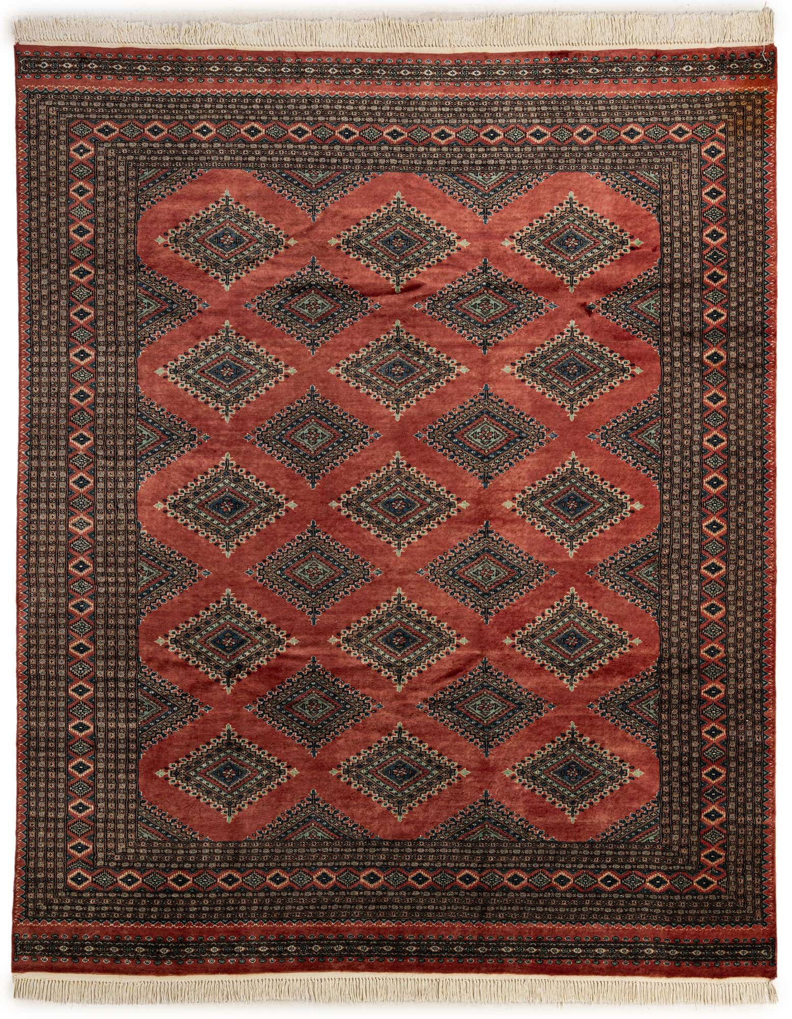 A rectangular 8x10 Bokhara rug featuring a rich red field with repeating tribal diamond patterns and a detailed dark border, ideal for a living room.