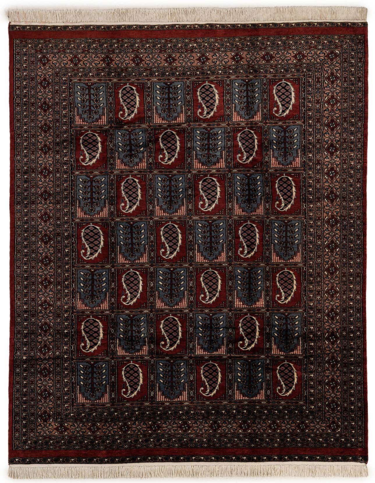 A 6x9 rectangular Bokhara rug in deep reds with a traditional tribal pattern and intricate border.