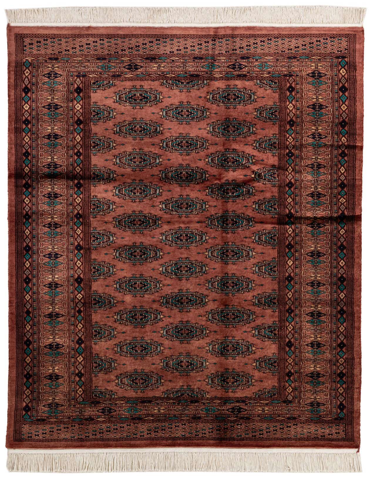 A 4x6 rectangular Bokhara rug with a red field and intricate tribal patterns in teal, black, and gold, featuring white fringe.