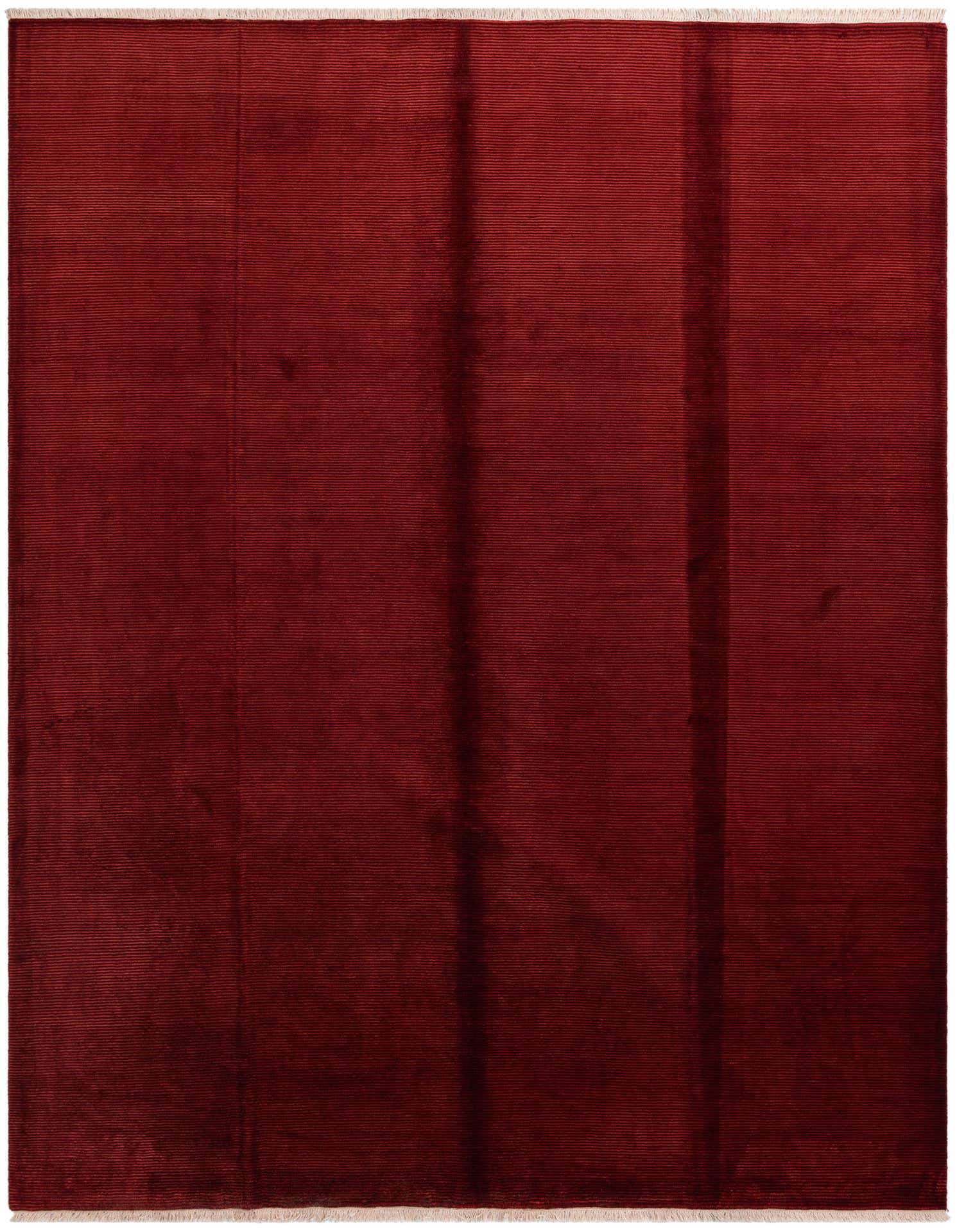 A large 10x13 rectangular Darya rug in deep red wool with subtle horizontal ribbing and two vertical darker stripes.