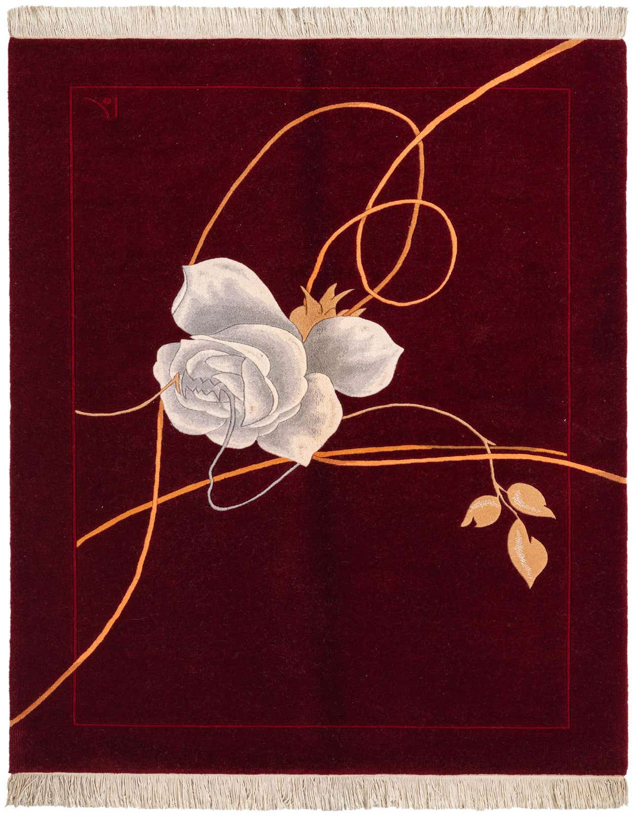 A 4x6 rectangular red wool and silk rug with a modern oriental design featuring a large white rose and golden swirling lines.