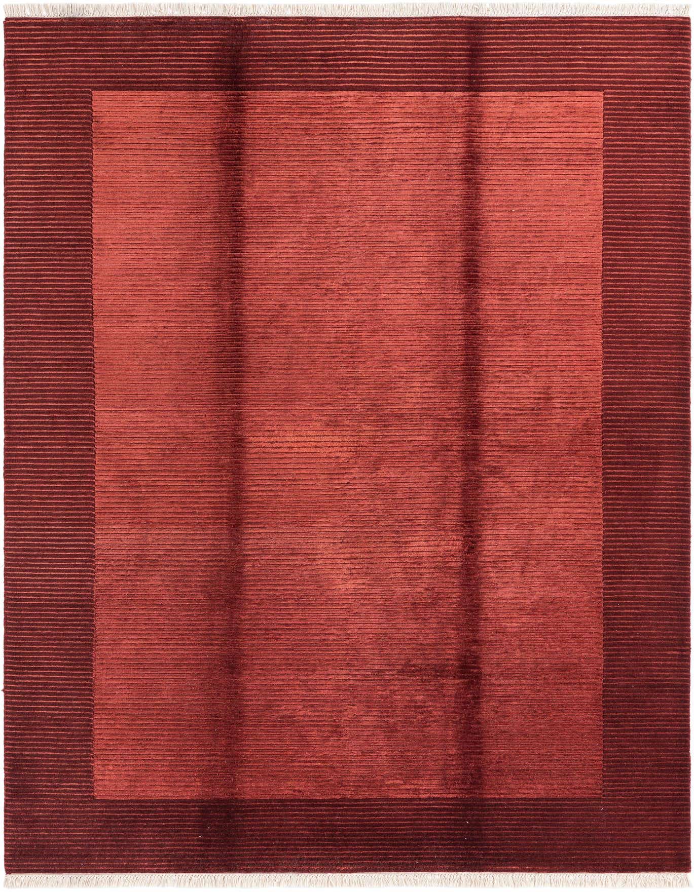 A 5x8 rectangular Darya Collection rug in varying shades of red, featuring a modern striped border and high pile.