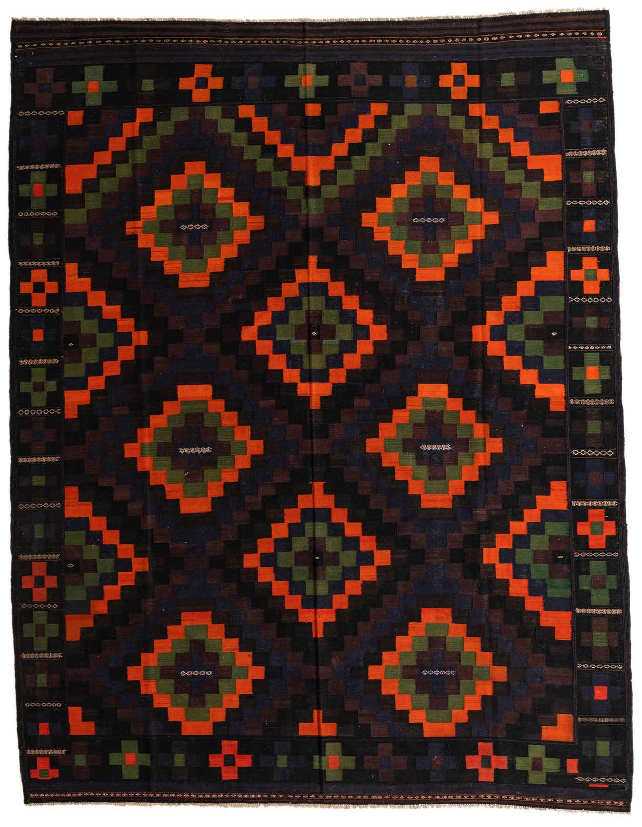A large 10x16 rectangular Kilim Afghan rug with a tribal geometric pattern in shades of red, orange, and green on a dark background.