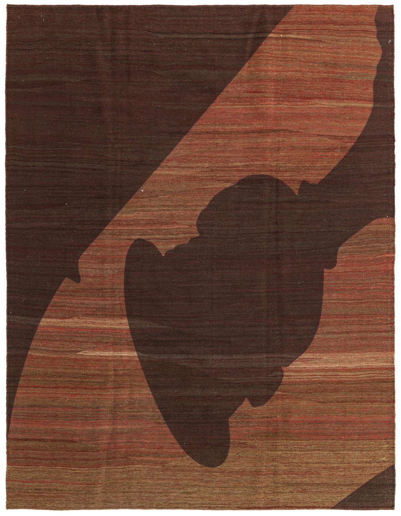 A 6x9 rectangular Kilim Modern wool rug featuring abstract tribal patterns in varying shades of red and brown.