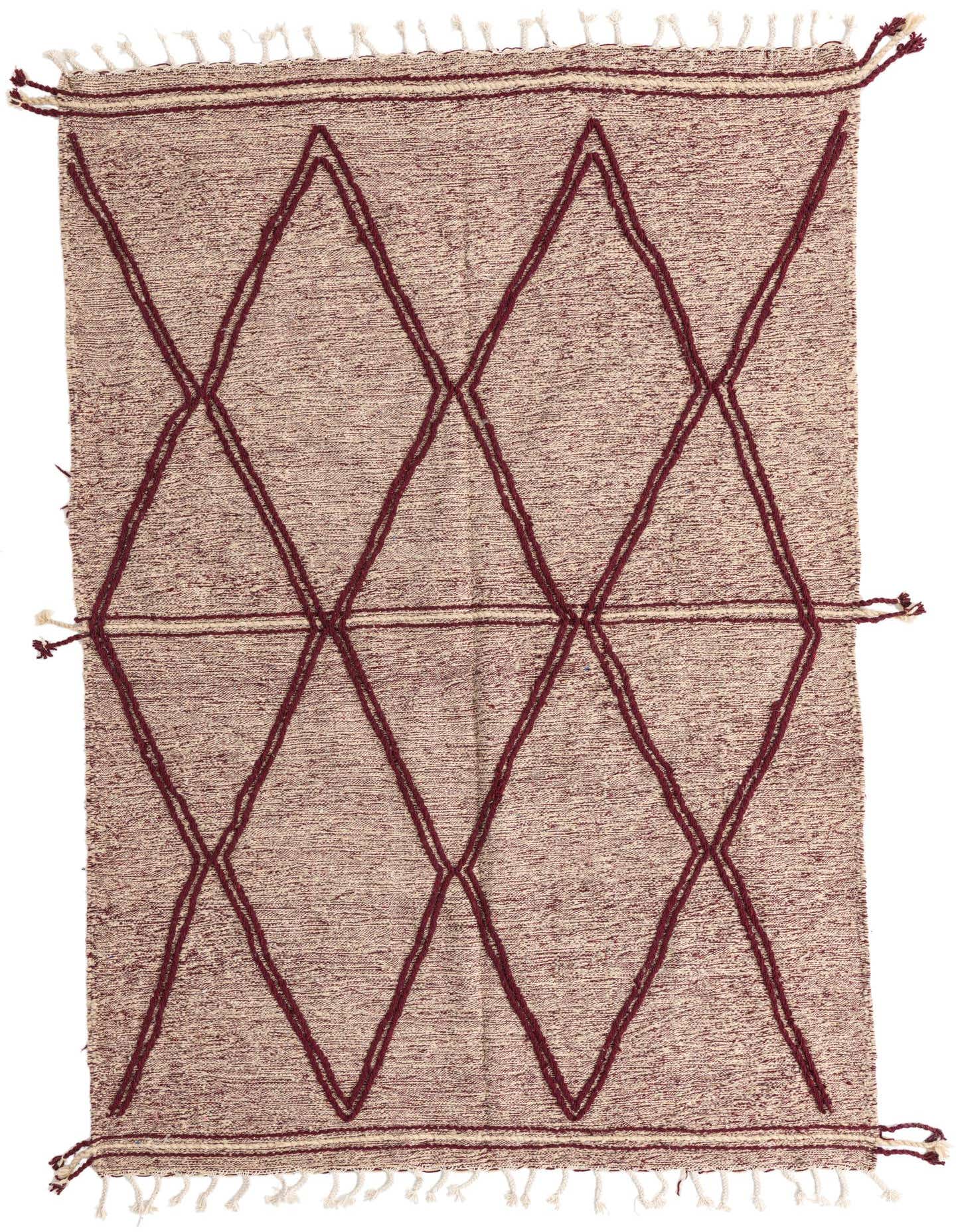 A 6x9 rectangular red Moroccan shag rug with a bold tribal diamond pattern and fringe.
