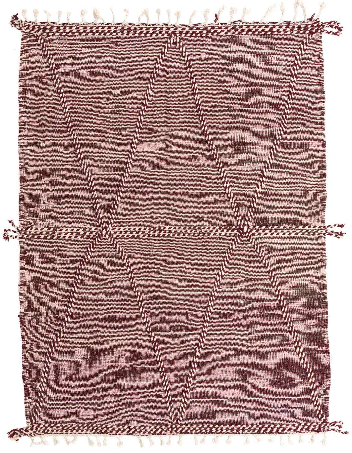 A 7x10 rectangular red Moroccan shag rug with a white tribal diamond pattern and fringed edges.