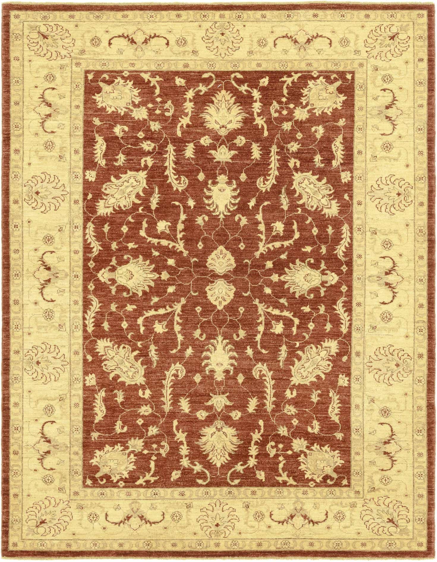 A 6x9 rectangular Peshawar Ziegler rug with a deep red field and cream traditional botanical patterns, perfect for a living room.