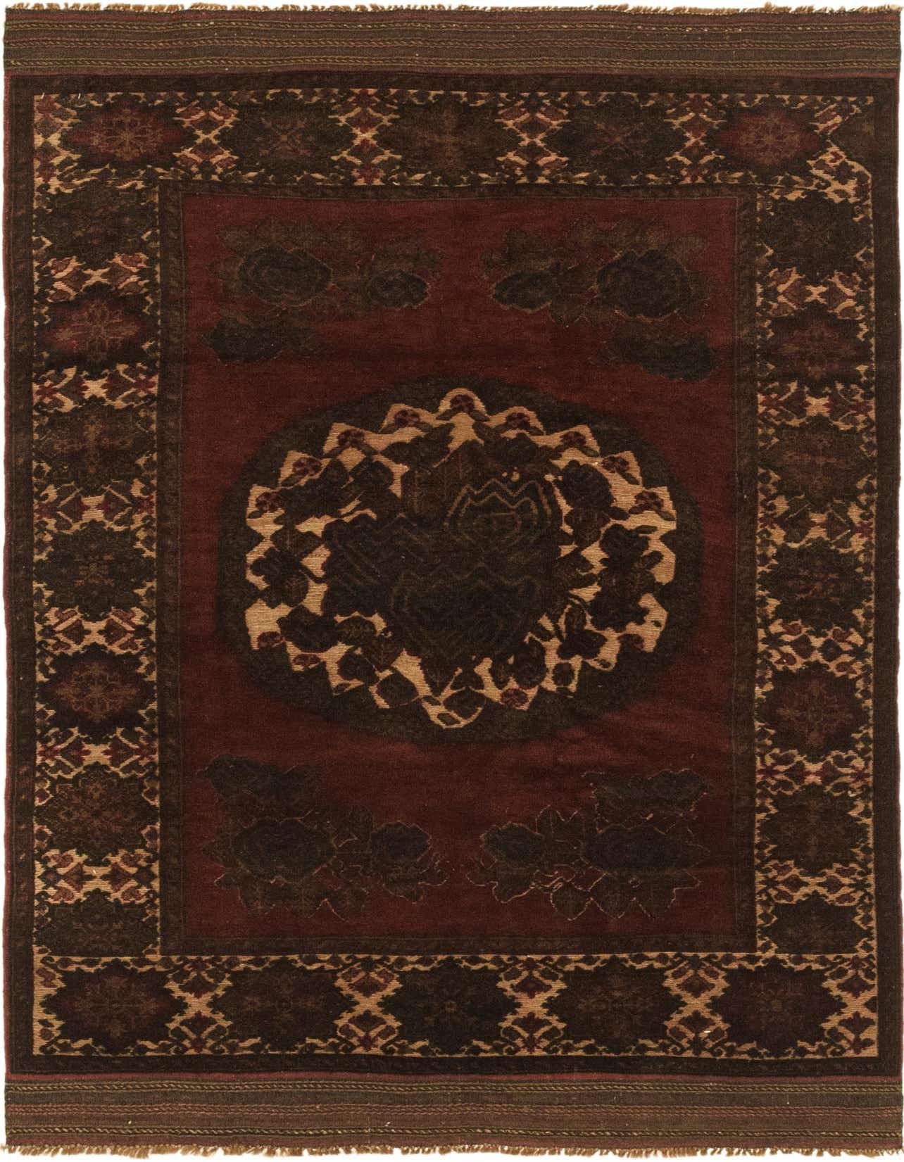 A 4x6 rectangular Sumak rug with a deep red field, featuring a central medallion and botanical motifs in dark brown and beige, framed by a tribal border.