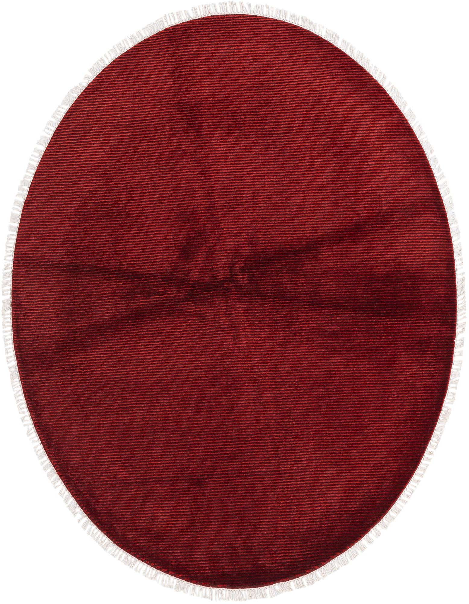 A 6' 6 round red wool rug with a high pile and subtle stripe texture, featuring white fringe.