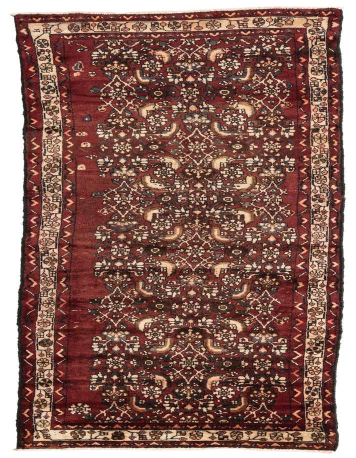 A 10 ft Hamedan runner rug in deep red with intricate traditional Persian, tribal, and oriental patterns.