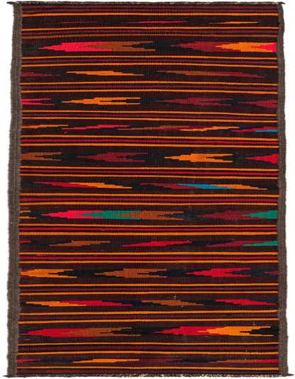 A 10 Ft Kilim Fars runner rug with a flatweave, featuring a tribal pattern of red, orange, and black stripes.