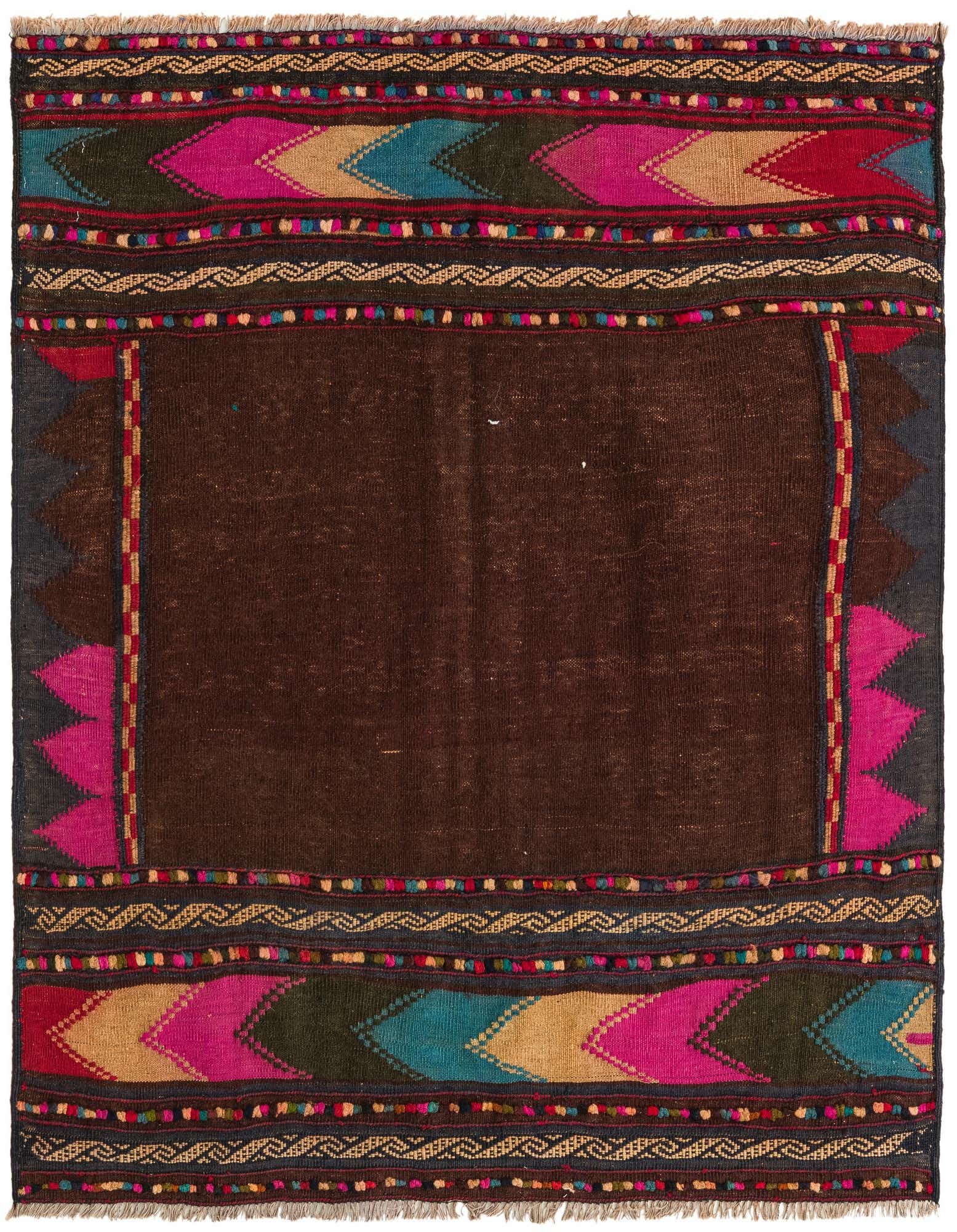 A 4'x4' square Kilim Fars rug with a dark brown center and vibrant tribal borders in red, pink, blue, and gold.