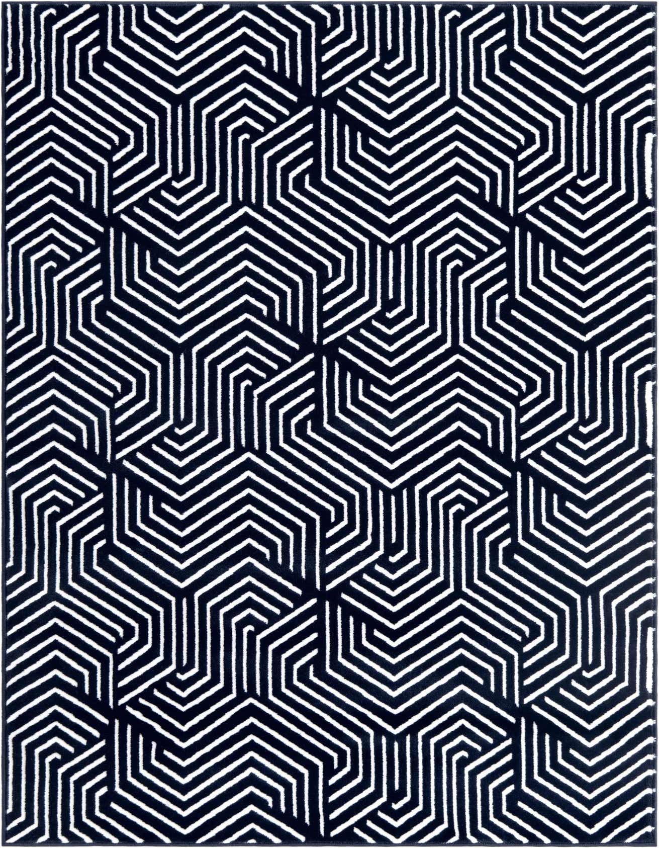 A 4x6 rectangular blue rug with a repeating geometric pattern of white interlocking lines, suitable for an entryway or living room.